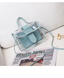 Detail view of macaron blue transparent PVC mini bag with inner pouch and long strap