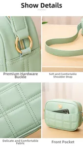 Detail view of light green quilted bag with gold hardware and front phone pocket