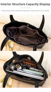 Quilted tote bag interior view showing large capacity for phone, wallet and cosmetics