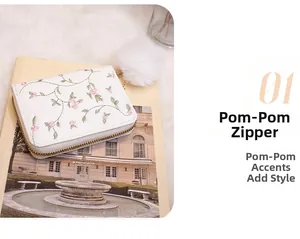 Dettaglio portamonete bianco in peluche con ricami floreali rosa e ciondolo a pon pon soffice