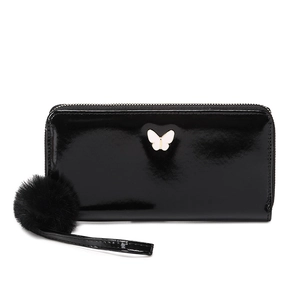 Glossy black long wallet with white butterfly decor and fluffy pompom wristlet strap