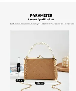 Quilted caramel handbag size guide: 18x12x5 cm with pearl handle and chain strap