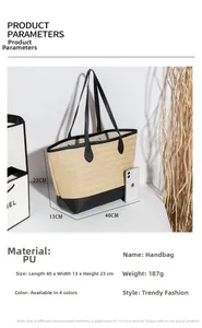 Specifiche dettagliate delle dimensioni di una borsa in paglia con manici neri