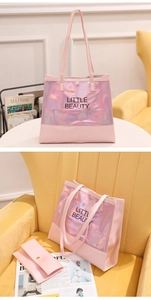 Pink holographic tote bag and small matching purse set with Little Beauty logo