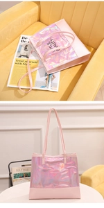 Detailed view of pink holographic tote bag with Little Beauty print and laser shine