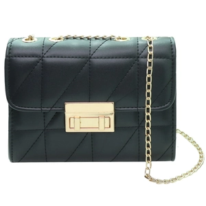 Classic black quilted leather crossbody bag with golden metal buckle and chain strap