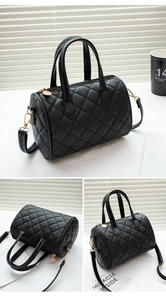 Detailed views of a black quilted boston bag with gold hardware and removable strap