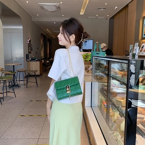 Dark green quilted PU leather crossbody bag with gold chain strap for women