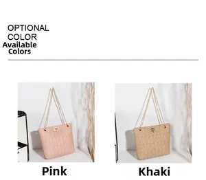 Quilted crossbody bag color options in pink and khaki with gold metal chain straps