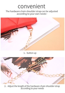 Adjustable gold chain strap detail on red quilted leather bag for versatile carrying