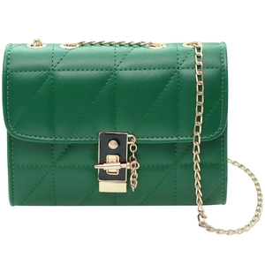 Chic dark green quilted leather crossbody bag with golden chain and square lock