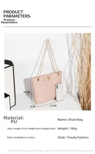 Pink quilted bucket bag details with chain strap and dimensional product size layout