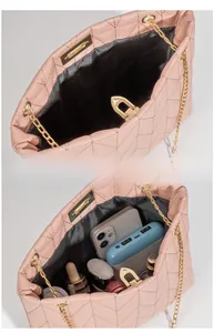 Pink quilted tote bag interior view showing spacious storage for daily makeup and phone