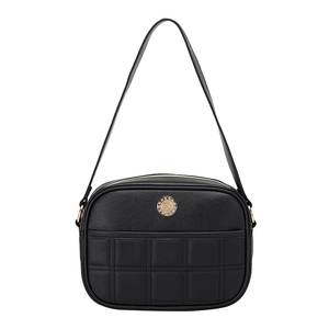 Large black quilted leather shoulder bag with gold hardware and square stitching