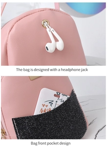 Detail of pink mini backpack with built-in headphone port and sequin pocket