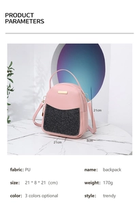Pink PU mini backpack with black glitter pocket featuring detailed size and weight specs