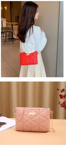 Detailed view of quilted crossbody bag with golden chain and rectangular metal plaque