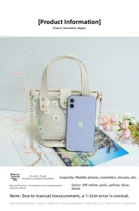 Dimensions détaillées du sac transparent marguerite en TPU avec pochette et chaîne