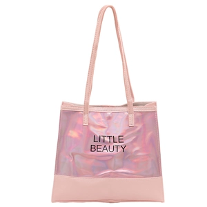 Pink holographic tote bag with Little Beauty print and iridescent glossy finish
