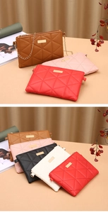 Quilted diamond pattern crossbody bags in five colors with gold chain and metal plaque