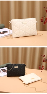 Detailed close-up of quilted chain crossbody bags in elegant beige and black faux leather