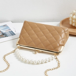 Elegant khaki quilted crossbody bag with pearl handle and golden metal chain strap