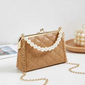 Quilted khaki crossbody bag with pearl handle and vintage gold clasp for women