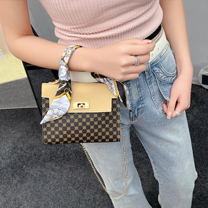 Classic patterned crossbody bag with silk scarf handle and golden chain strap