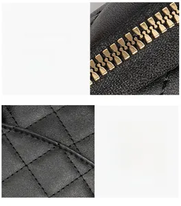Detail of black shell bag with golden zipper, quilted pattern and precise stitching