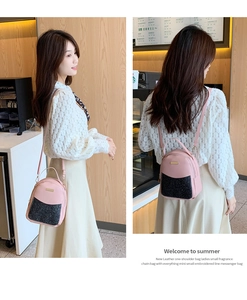 Pink sequin mini backpack for women showing cross-body and back carrying styles
