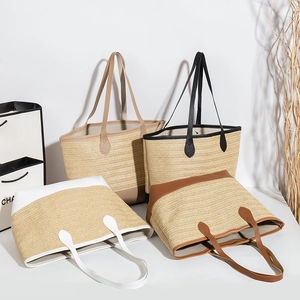Borsa Tote In Paglia Intrecciata Da Donna Contrasto Pelle PU Grande Capacità Borsa A Tracolla Per Vacanze Estive In Spiaggia