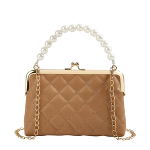 Brown quilted leather handbag with pearl handle and golden chain strap in a classic style