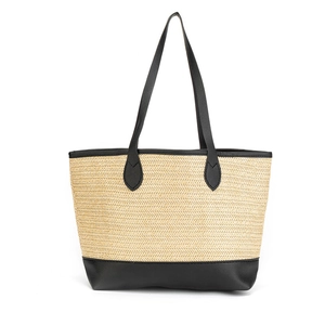 Borsa tote in paglia intrecciata beige e nera con manici in pelle per le vacanze estive