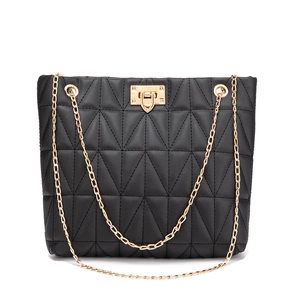 Elegant black quilted shoulder bag with geometric triangle patterns and gold chain strap
