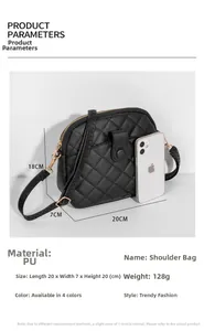 Quilted shell bag with size comparison to phone showing 20x7x20cm dimensions and PU texture