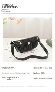 Dettagli dimensionali della borsa a tracolla nera in pelle PU plissettata da donna