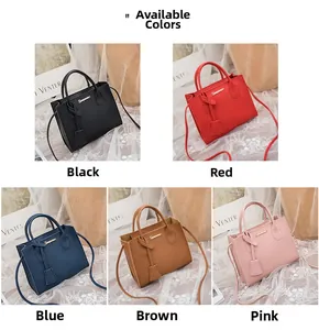 Litchi pattern mini tote bags shown in black, red, blue, brown, and pink colors