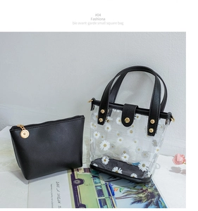 Détail du sac transparent en PVC à marguerites avec pochette intérieure noire
