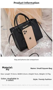 Litchi pattern mini crossbody bag detail showing 19.5x16x8.5cm dimensions and PU texture