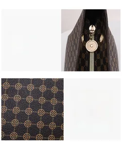 Detail of smooth gold zipper and floral monogram pattern on brown leather bucket bag