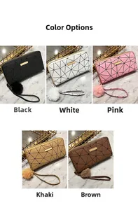 Portafogli lunghi geometrici da donna in cinque colori con pompon e cinturini a mano