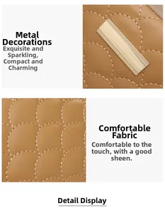 Detailed view of tan leather bag with quilted embroidery and matte gold hardware