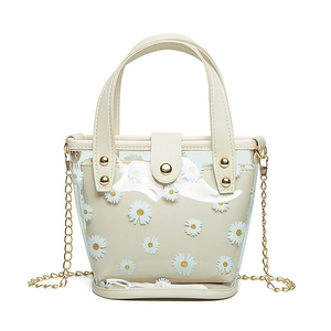 Sac à main transparent en PVC avec imprimé marguerites et pochette intérieure crème