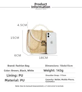 Mini straw crossbody bag dimensions 18x6x15cm with pearl handle and chain strap details