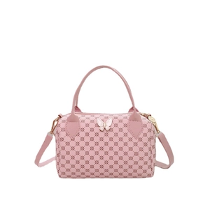 Pink Boston style cylinder handbag with butterfly clasp and monogram print pattern