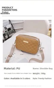 Light brown quilted square bag details with dimensions 21x7x16cm and metal trim detail