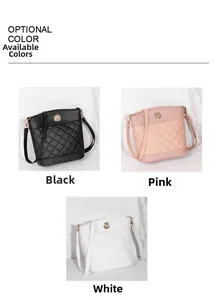 Quilted bucket bag display in black, pink, and white featuring gold disc logo details