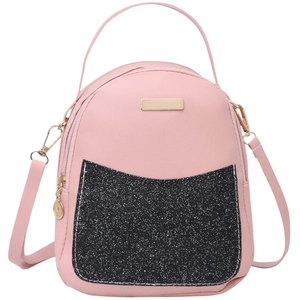 Pink mini sequin backpack with black glitter pocket and golden hardware for women