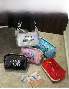 Detail of five holographic mini bags in silver, blue, pink, black, and red with straps