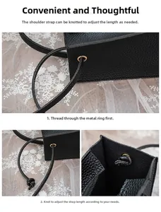 Detail showing the adjustable thin leather shoulder strap installation and knotting process